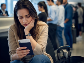 Stressed woman with luggage waiting in a crowded airport check-in line, showing visa processing delays
