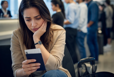 Stressed woman with luggage waiting in a crowded airport check-in line, showing visa processing delays