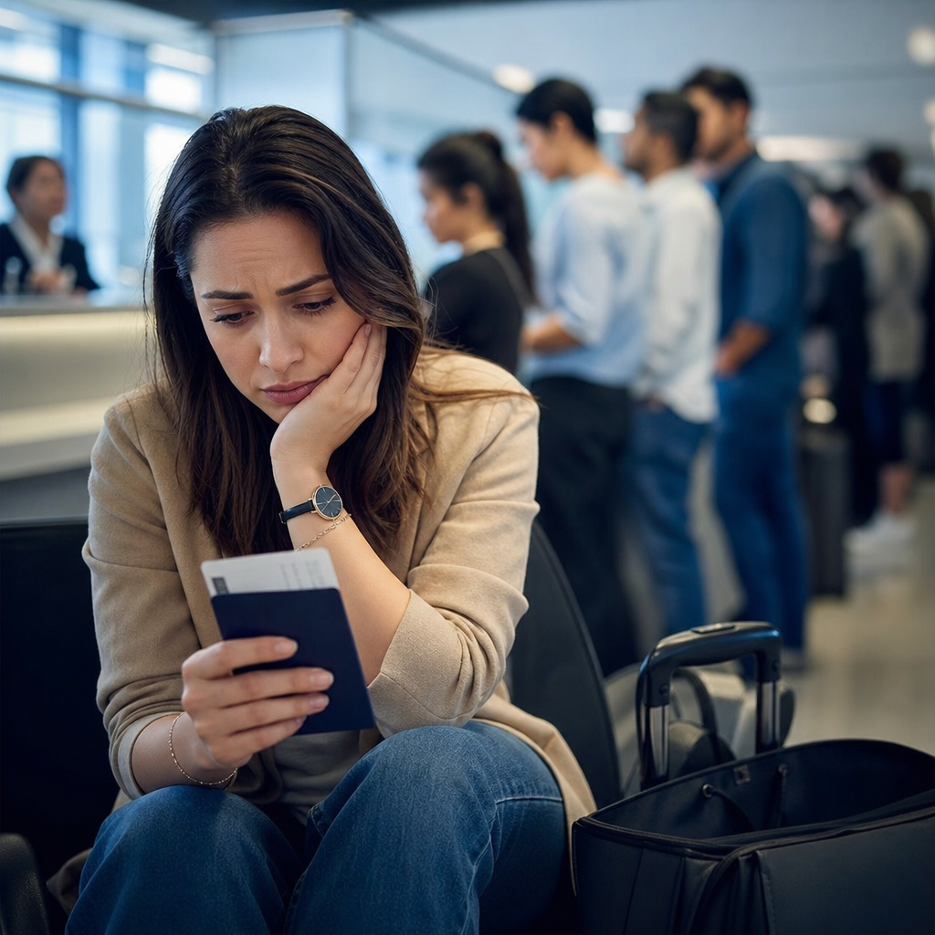 Stressed woman with luggage waiting in a crowded airport check-in line, showing visa processing delays